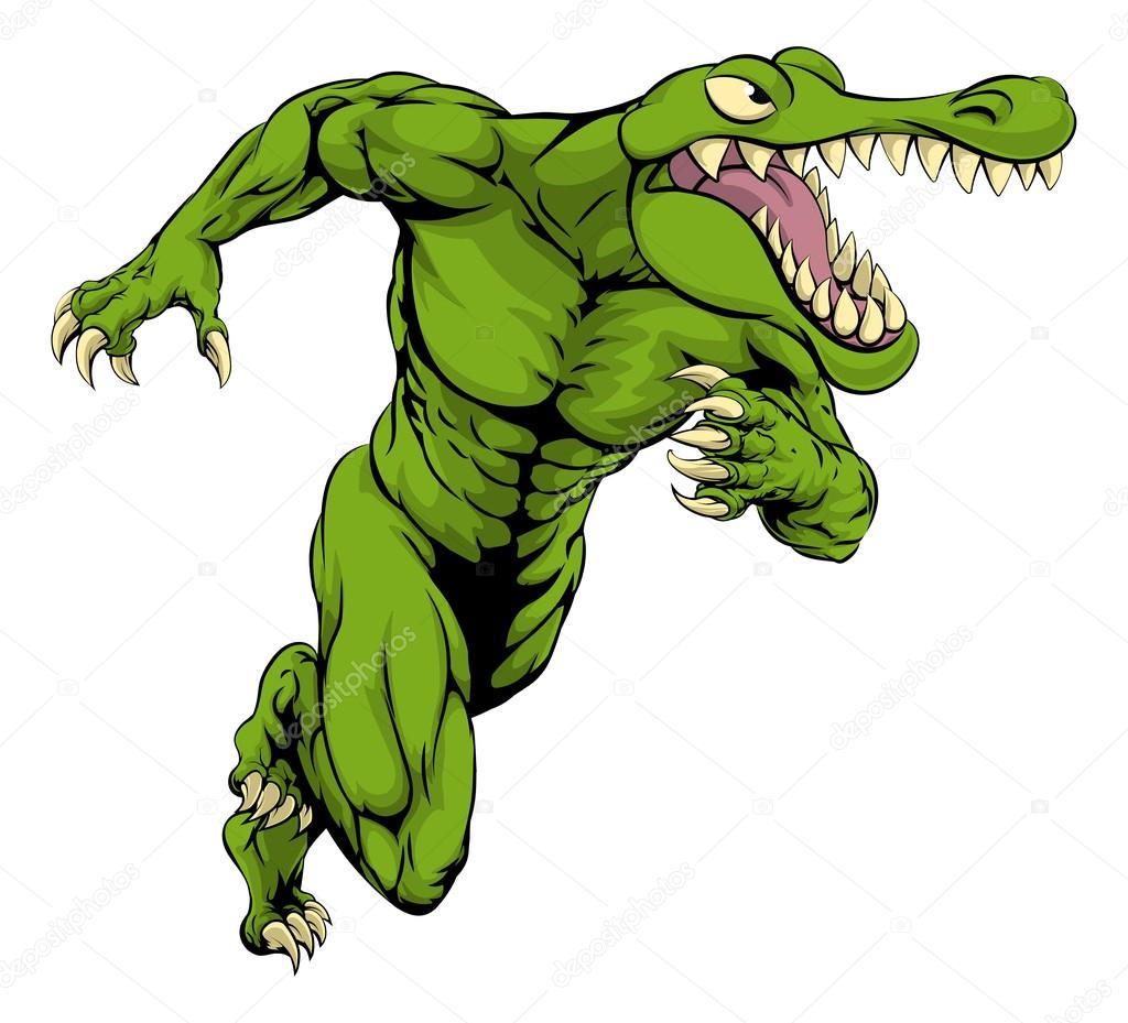 A cartoon scary alligator or crocodile mascot sprinting or charging