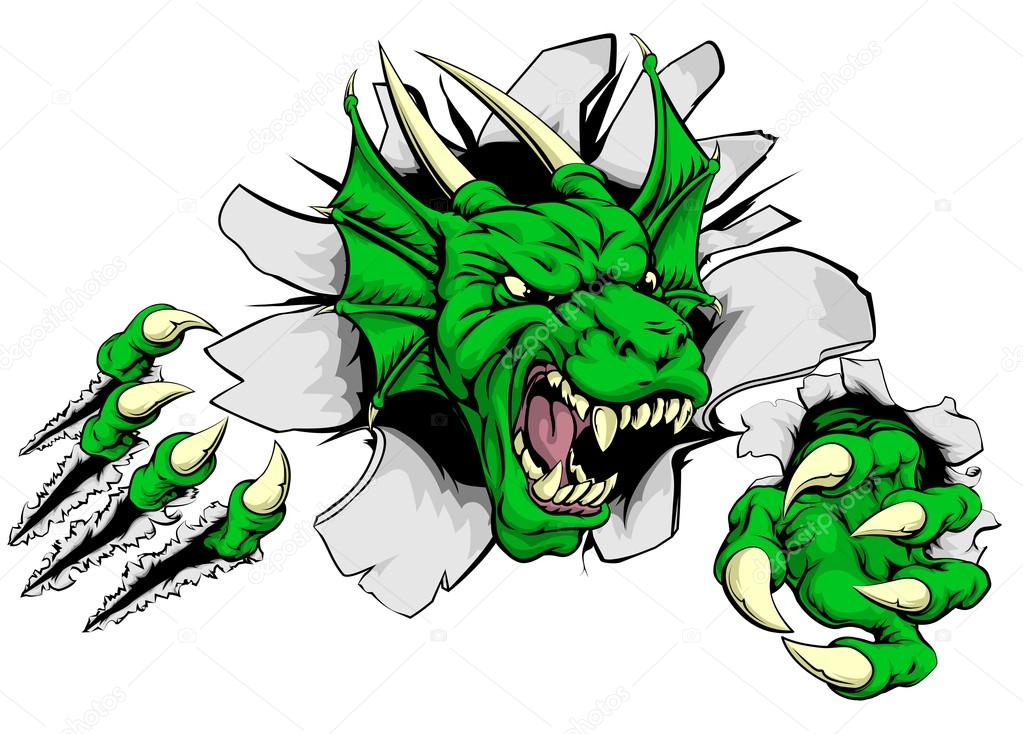 An attacking dragon with claws breakthrough drawing of a dragon tearing through the background