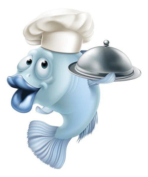 Chef de dibujos animados pescado y cloche — Vector de stock