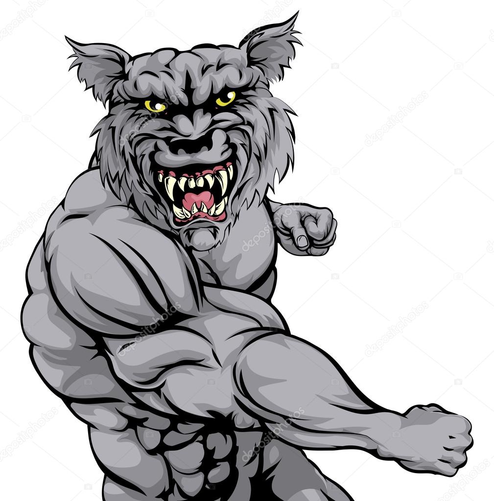An illustration of a mean looking wolf or werewolf animal sports mascot punching