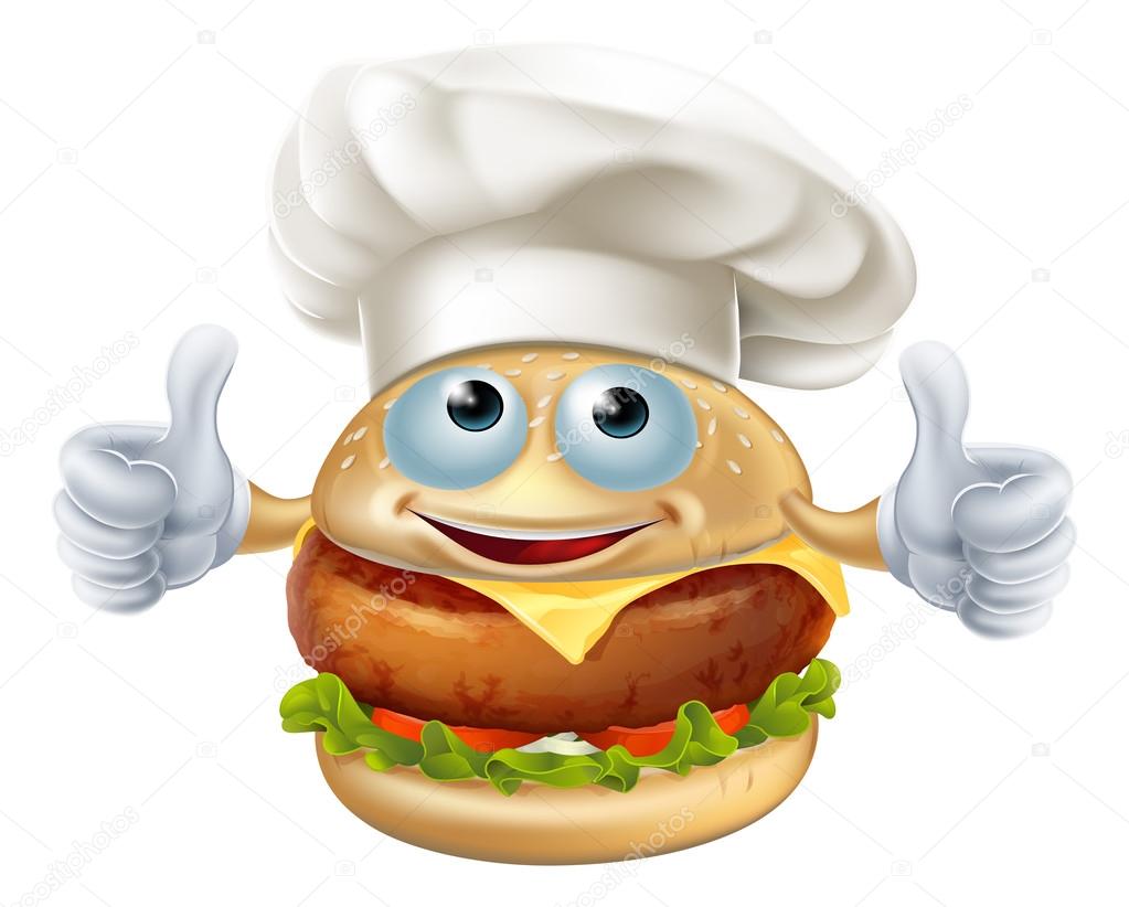 Cartoon chef burger mascot character doing a double thumbs up