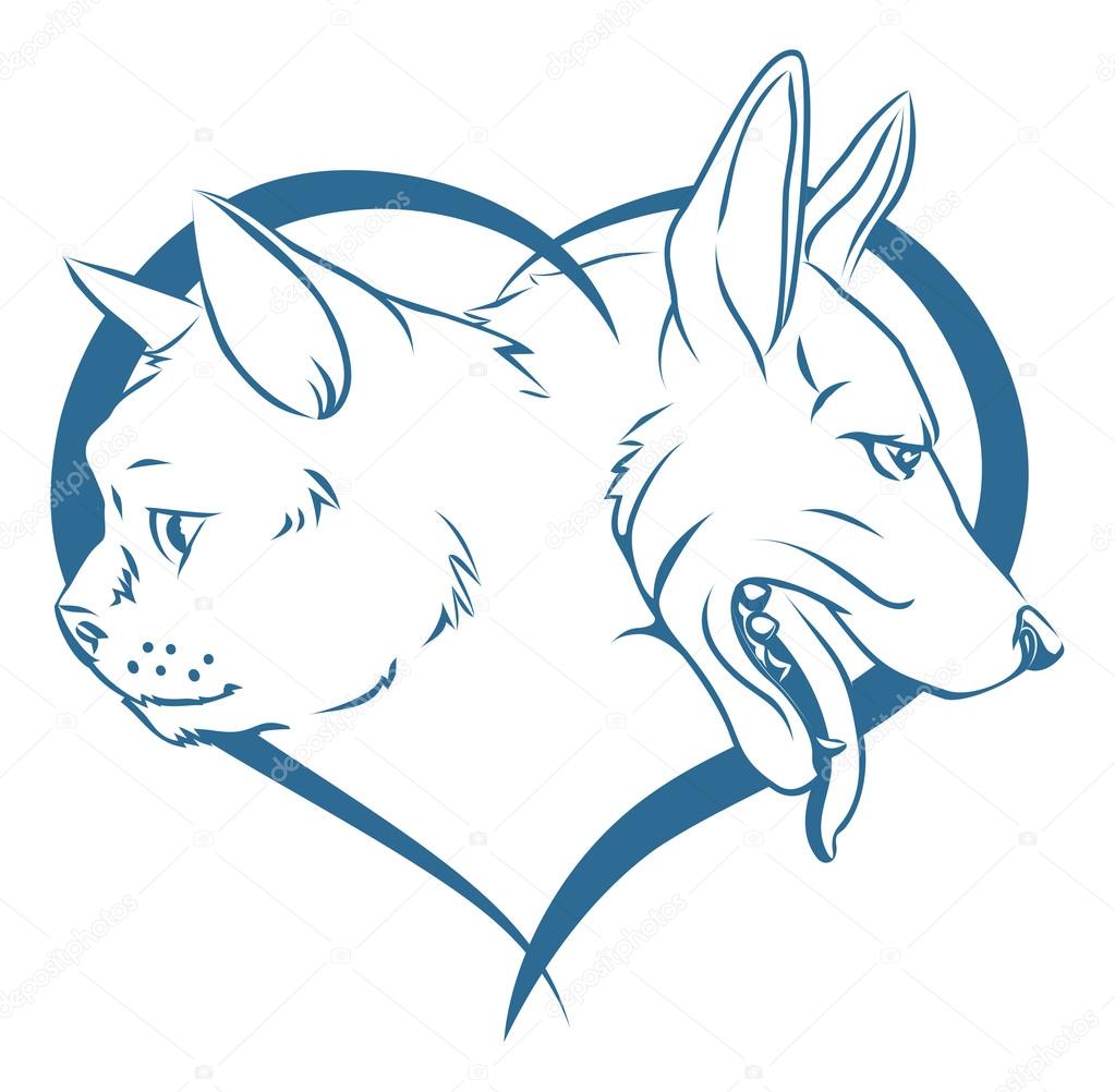 An illustration of pet cat and dogs faces in a heart design concept