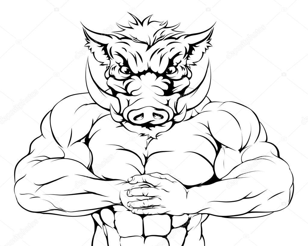 A tough muscular boar mascot character getting ready for a fight
