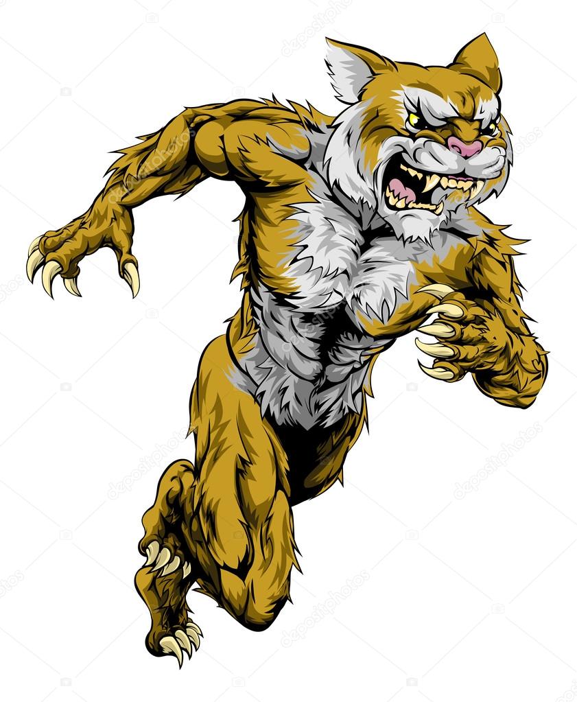 A wildcat man character or sports mascot charging, sprinting or running