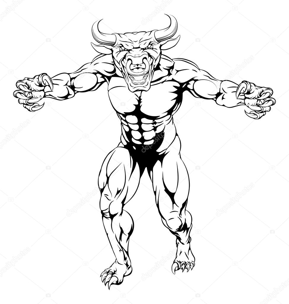 A mean tough muscular bull minotaur sports mascot character advancing with claws out