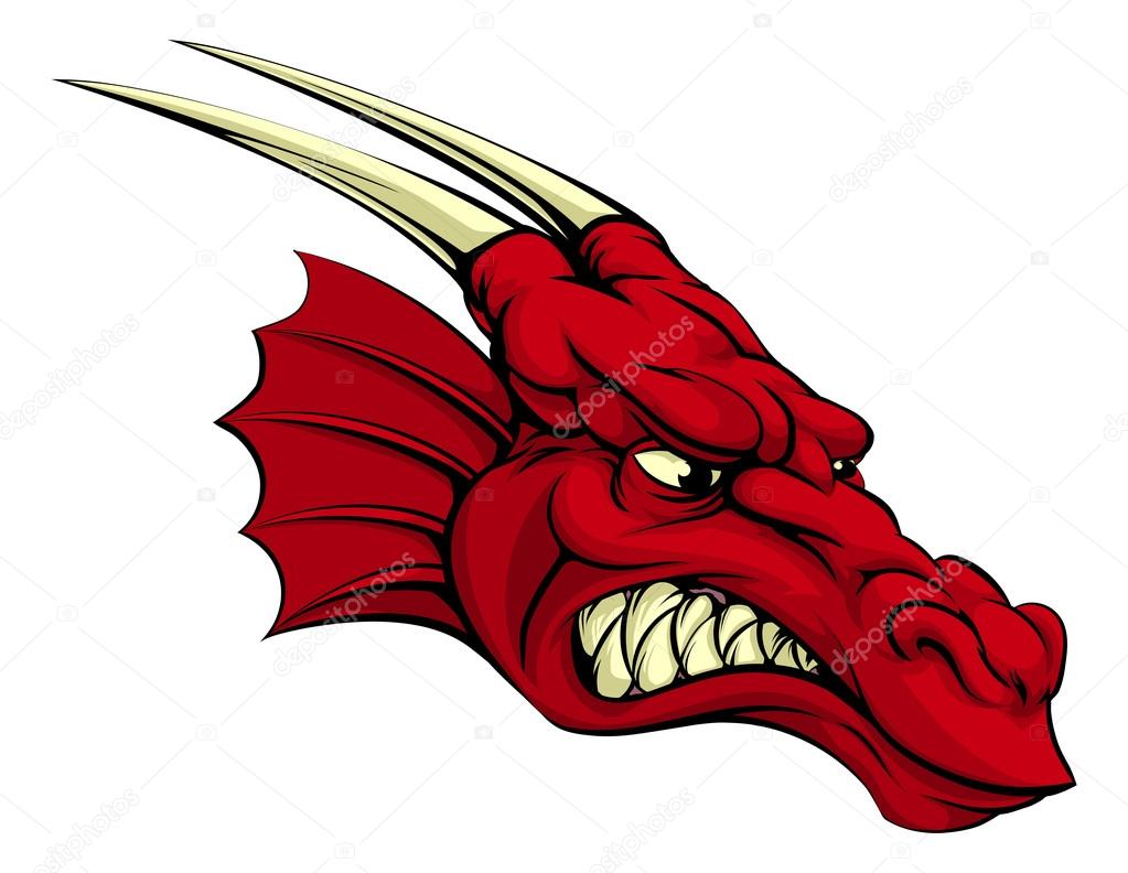 A mean looking red dragon mascot character, could be a Welsh dragon or sports mascot