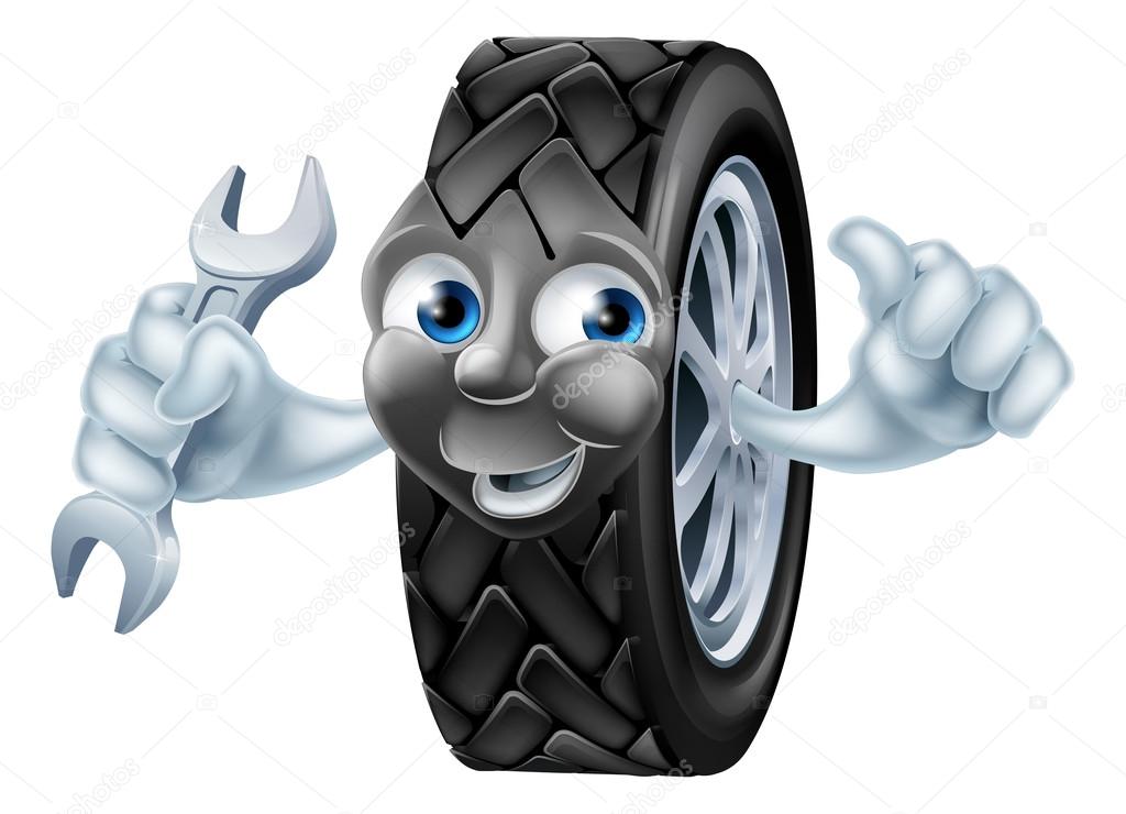 Tyre mascot mechanic cartoon character with spanner or wrench giving a thumbs up