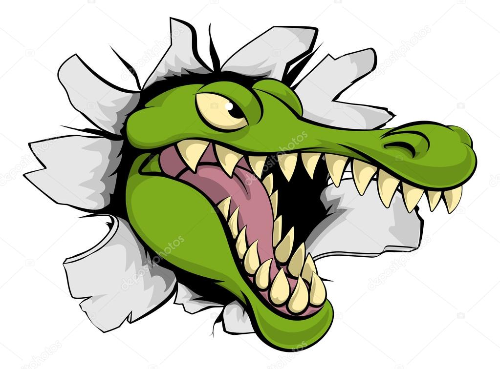 A cartoon crocodile or alligator mascot head smashing through a wall