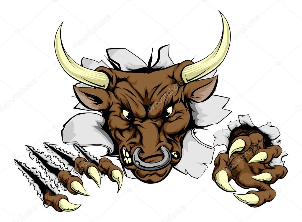 A scary bull mascot ripping through the background with sharp claws