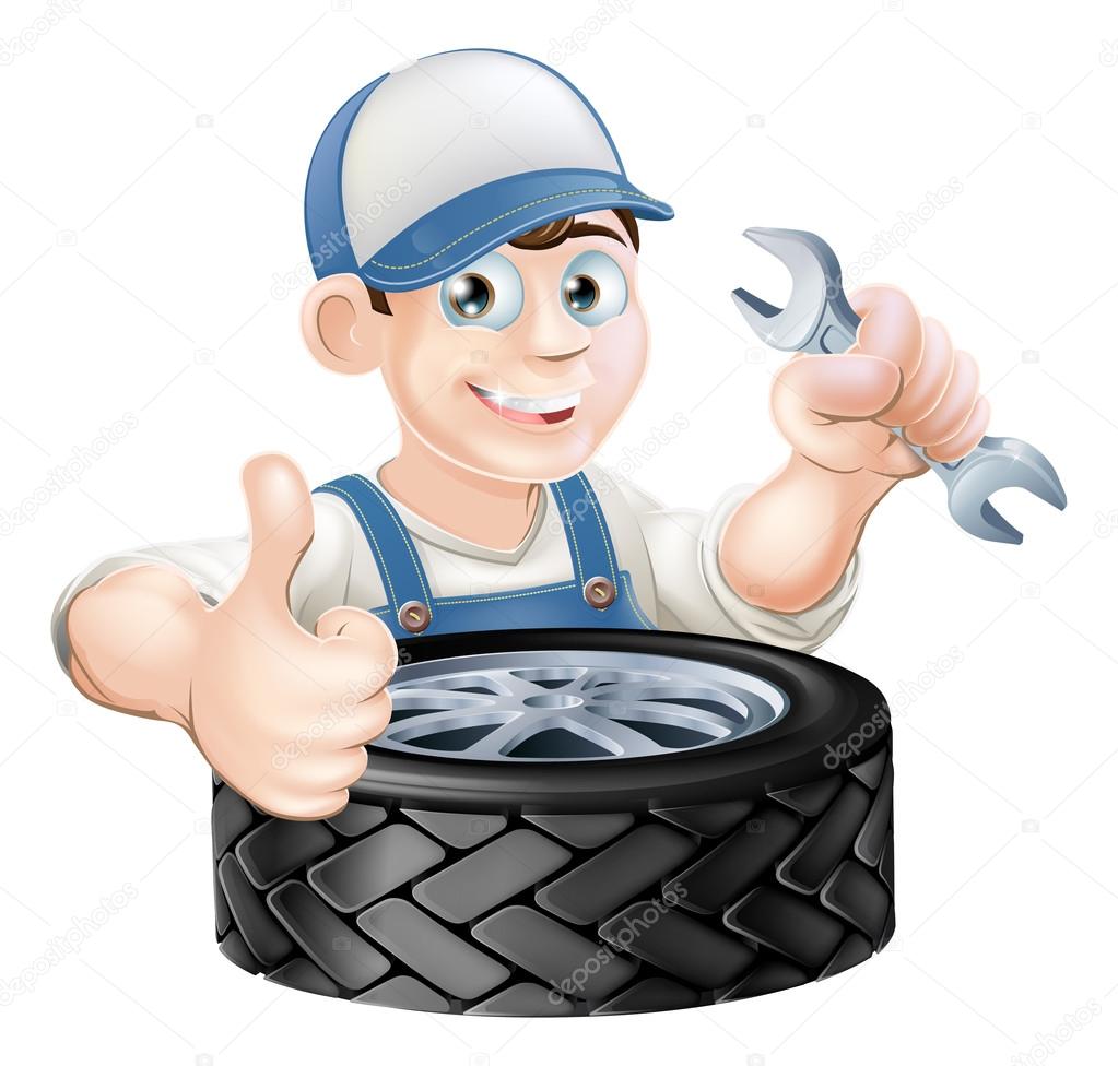 Auto mechanic giving thumbs up with a spanner and auto-mobile vehicle tyre