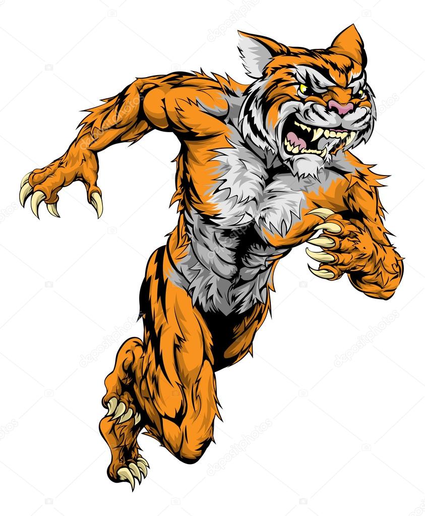 A tiger man character or sports mascot charging, sprinting or running
