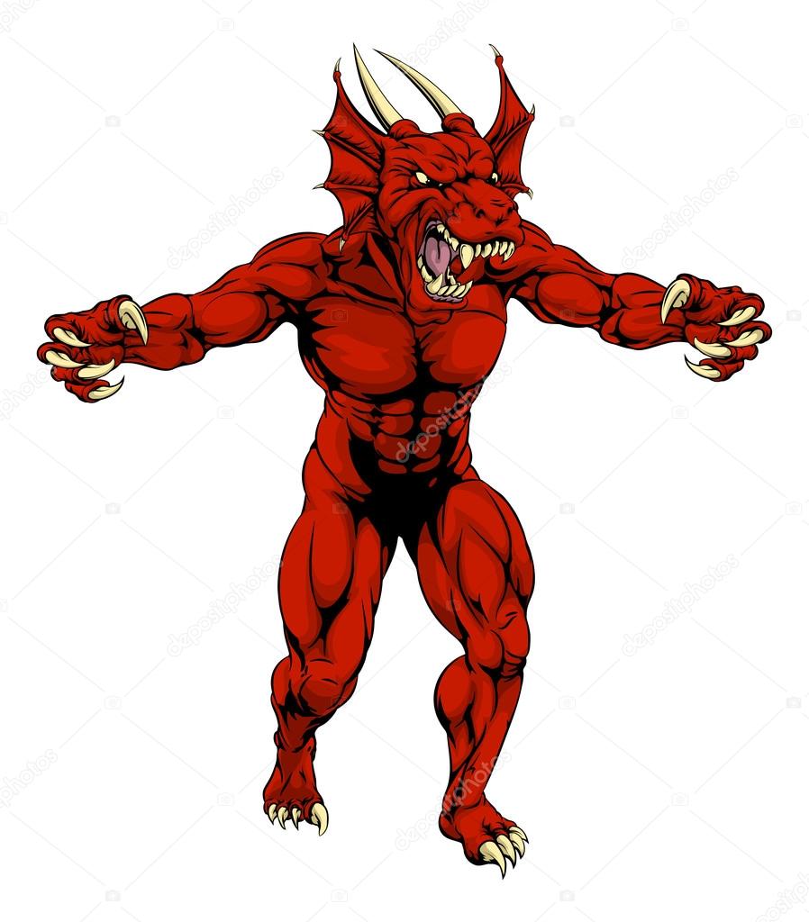An aggressive tough mean red dragon sports mascot character with claws out