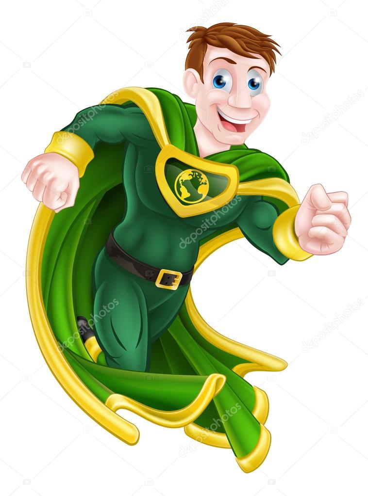 A cartoon superhero character running with a green cape and costume and an earth globe symbol on his chest