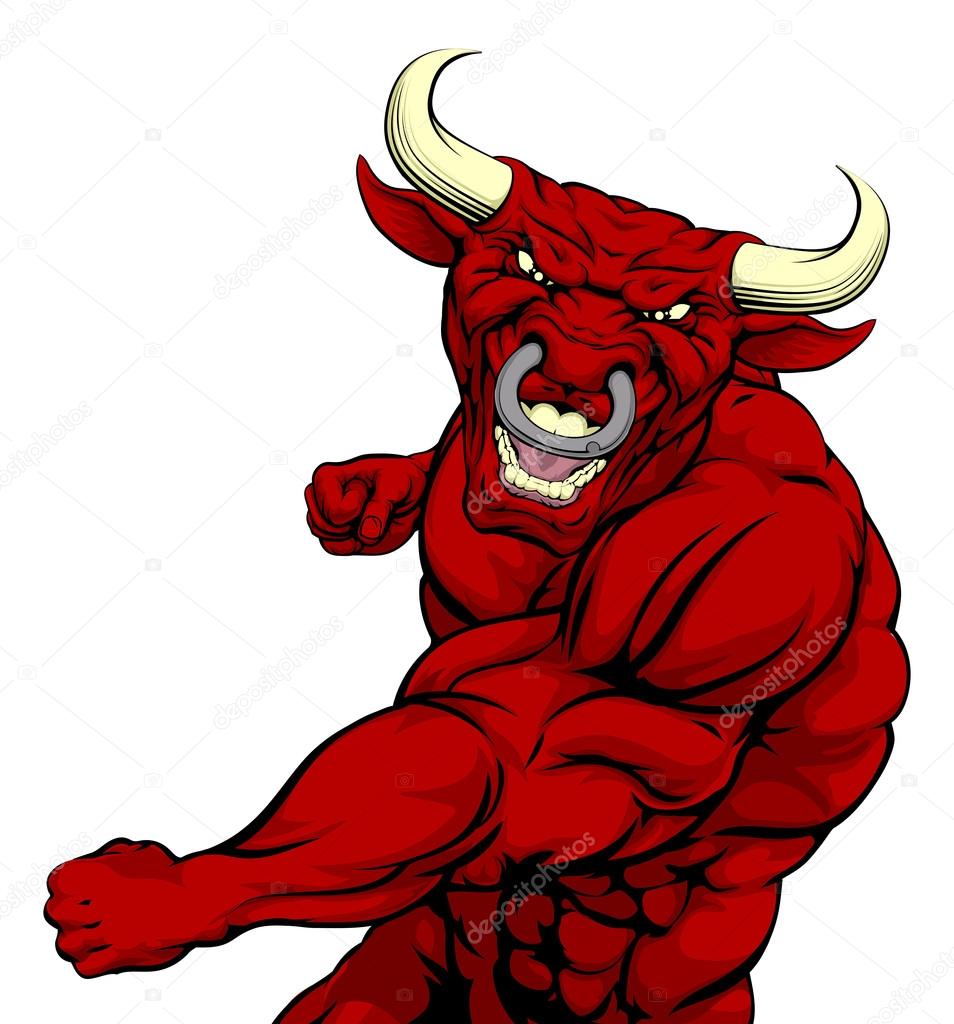 Tough mean muscular red bull character or sports mascot in a fight punching with fist