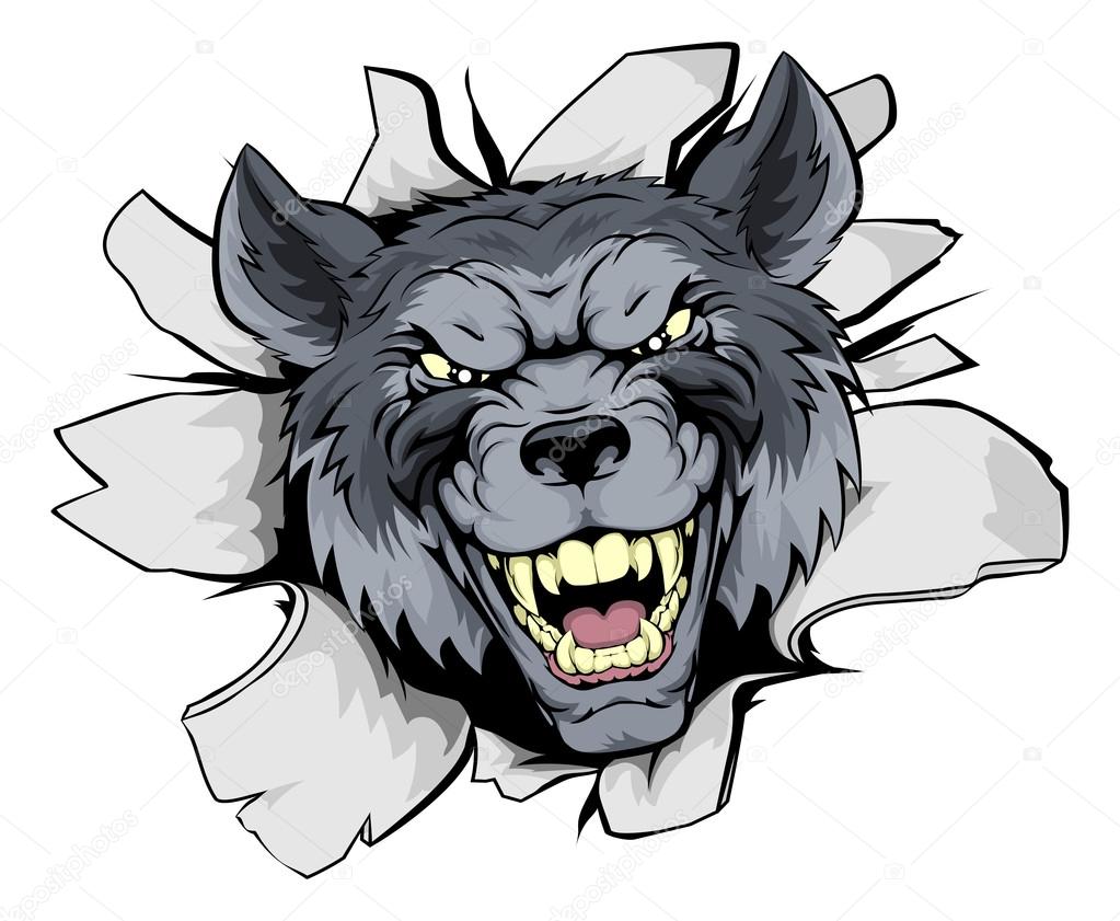 A mean looking wolf mascot character breaking out through a wall