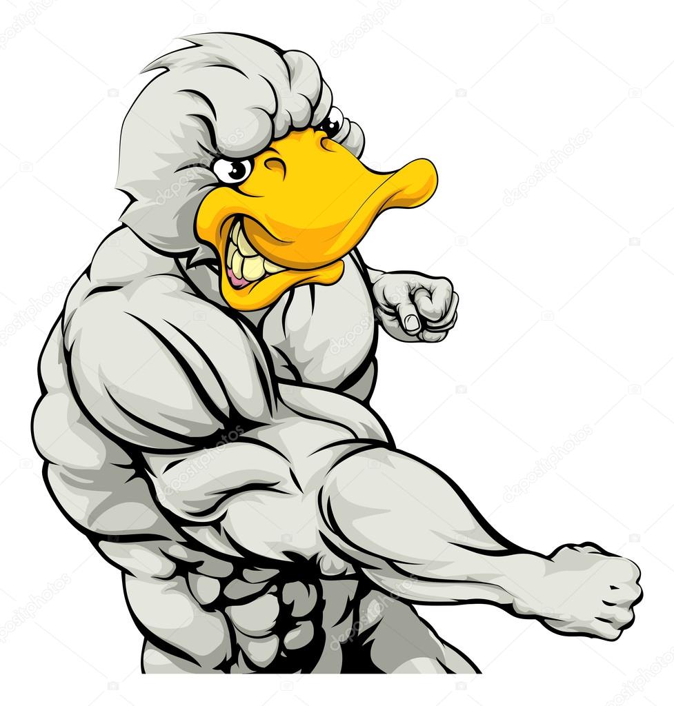 A mean looking duck character mascot fighting and punching with fist