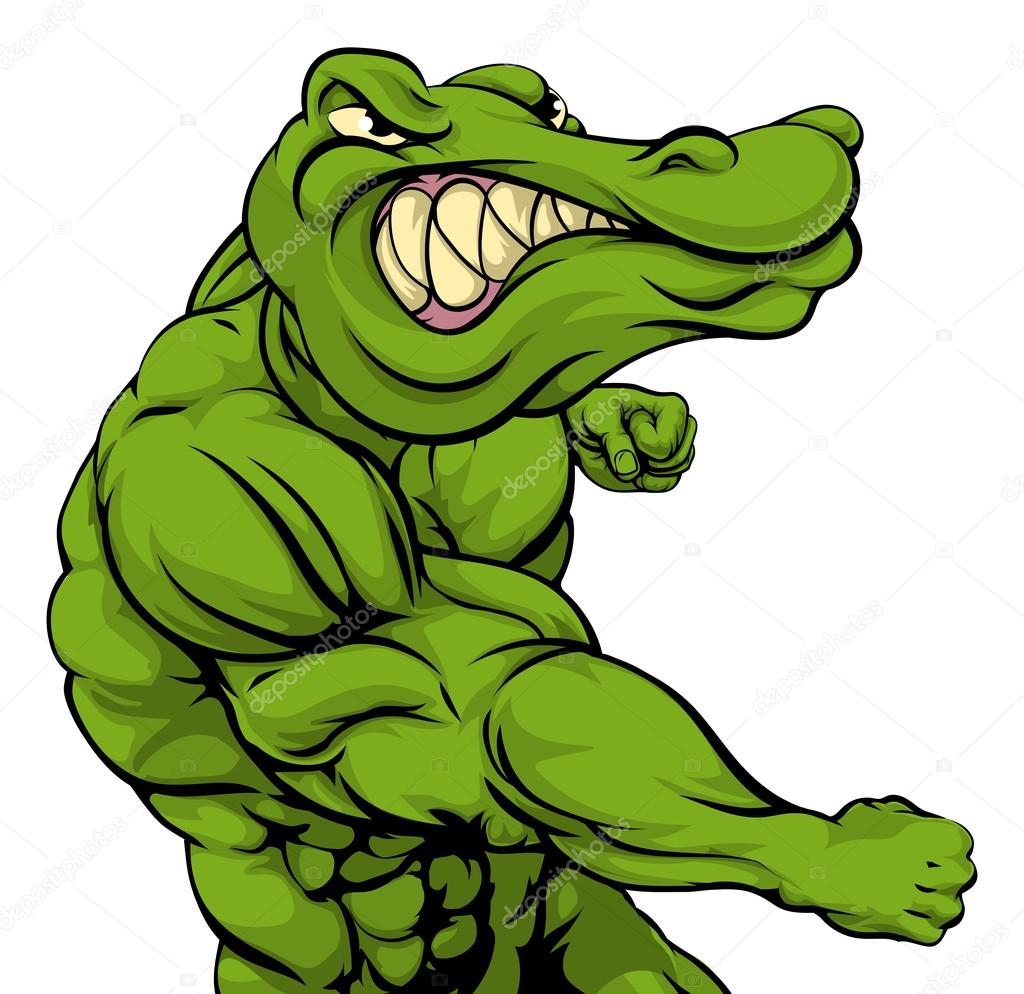 Crocodile or alligator or mascot fighting punching at the viewer with fist clenched