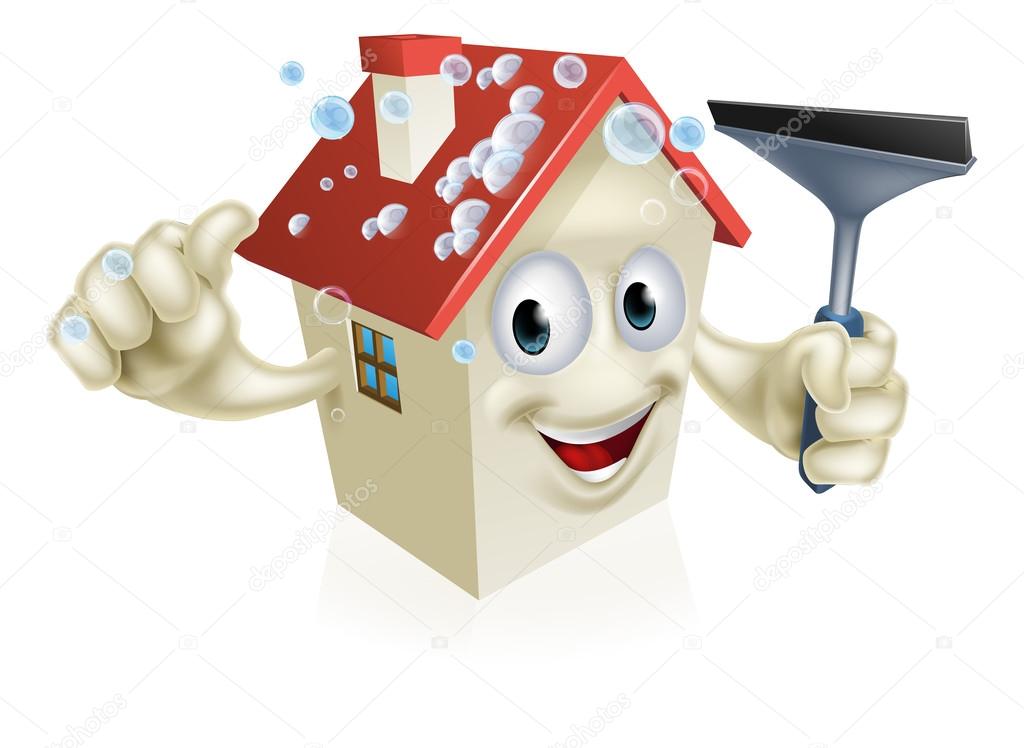 A cartoon House mascot Holding a Squeegee with soapy bubbles on the roof