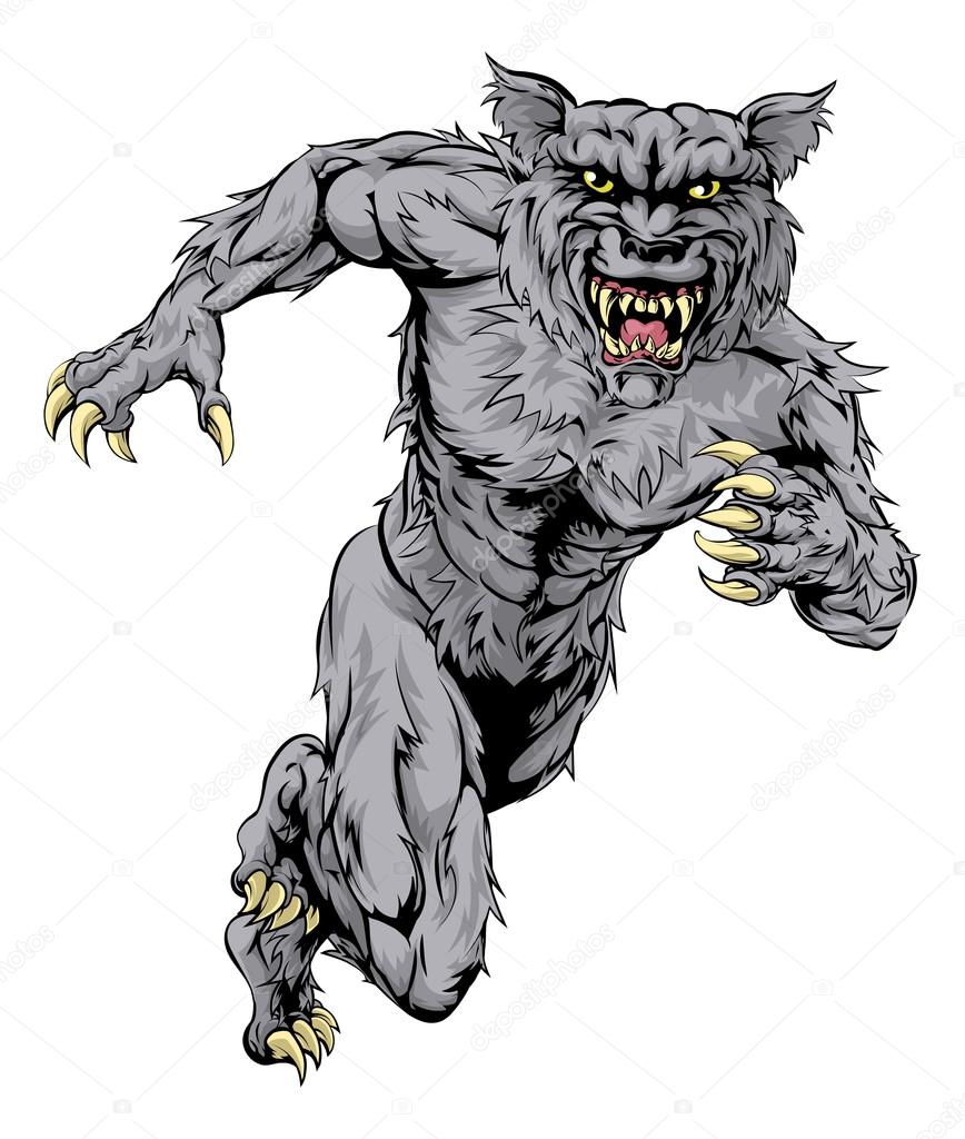 A werewolf wolf man character or sports mascot charging, sprinting or running