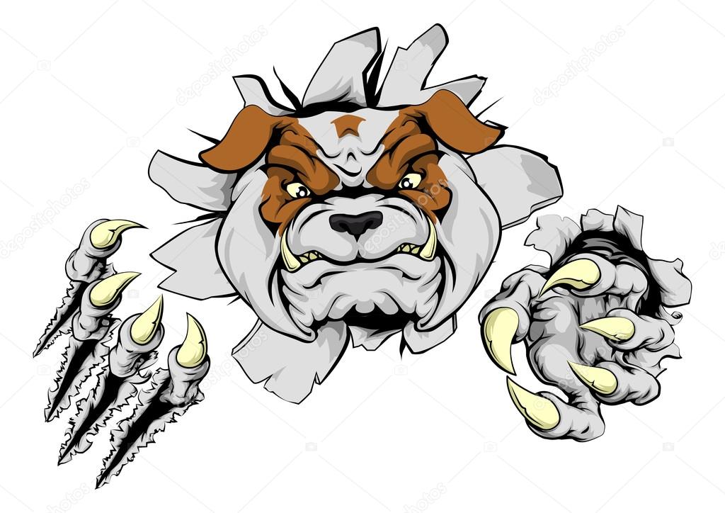An illustration of a tough looking bulldog animal sports mascot or character breaking through