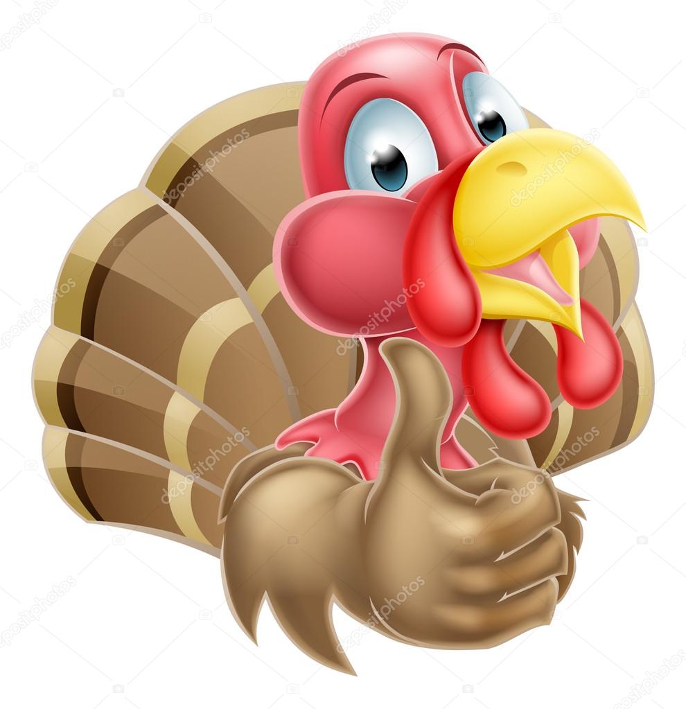Happy cartoon turkey mascot giving a thumbs up