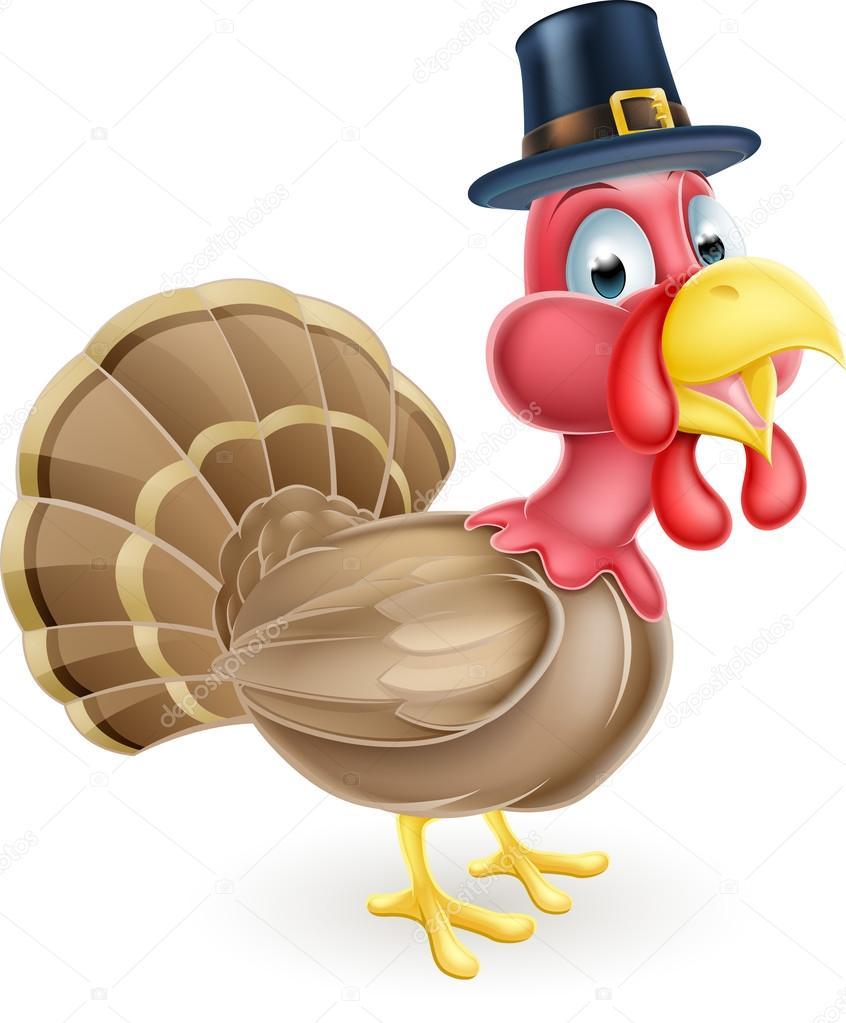 Cartoon thanksgiving turkey mascot wearing a pilgrim or puritan hat