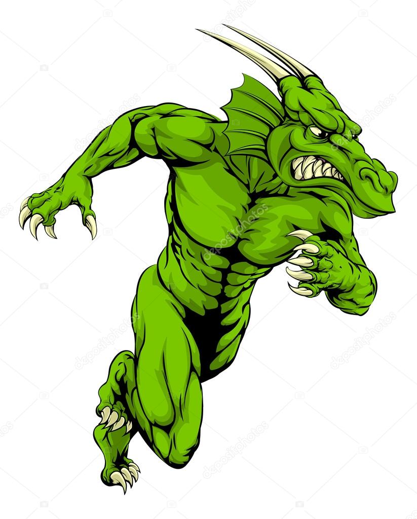 An aggressive muscular green dragon sports mascot character charging