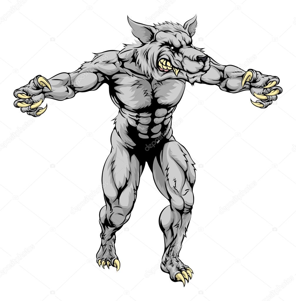 An illustration of a Werewolf wolf scary sports mascot with claws out