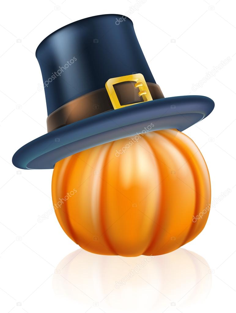 Cartoon thanksgiving pumpkin wearing a pilgrim or puritan flat topped hat on top