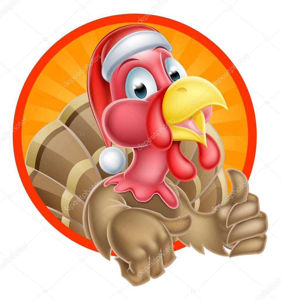 Christmas cartoon turkey mascot giving a thumbs up and wearing a Santa hat