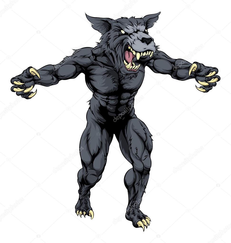 An illustration of a Wolf man, werewolf or wolf sports mascot character with claws out