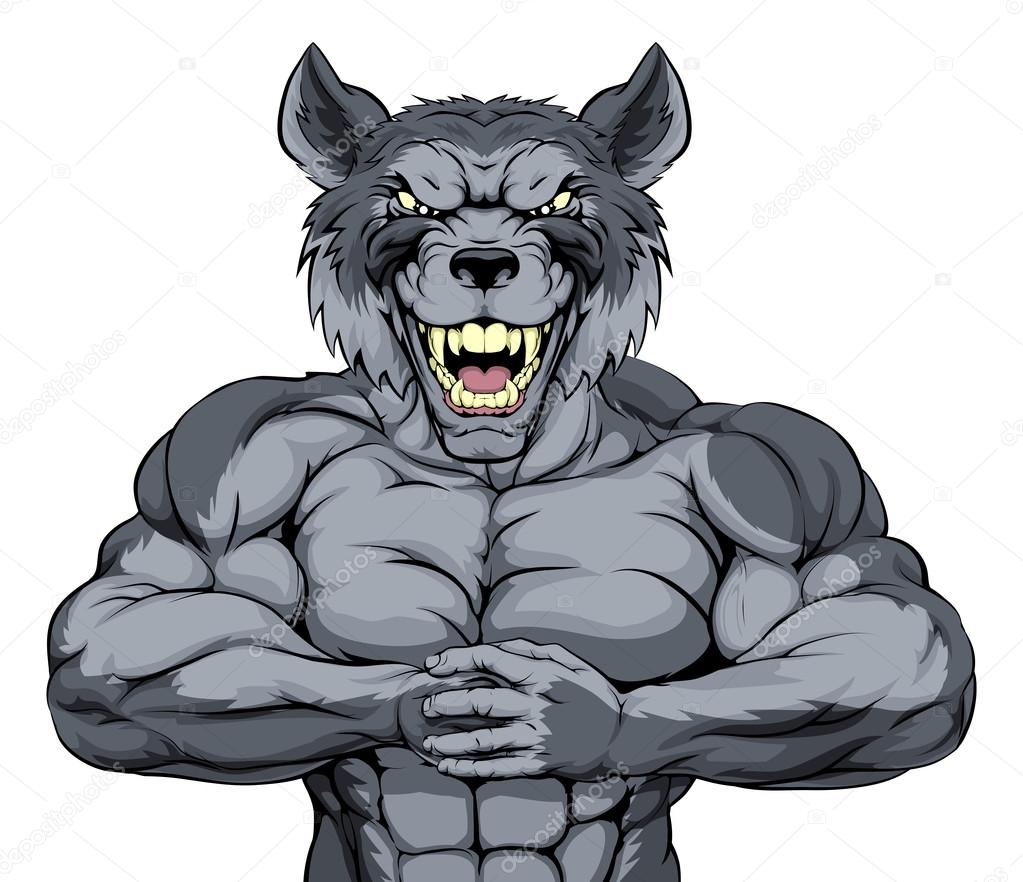 Mean looking wolf character ready for combat punching fist into palm