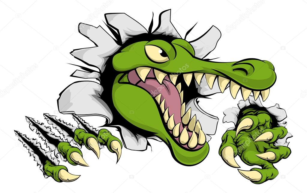 Illustration of a cartoon alligator or crocodile smashing through a wall with claws and head