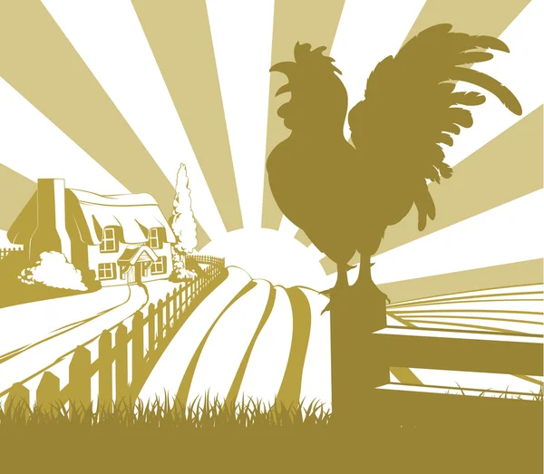 Paysage des champs de ferme de coq — Image vectorielle