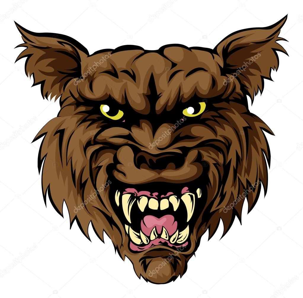 A mean looking werewolf wolf man, or wolf sports mascot character face