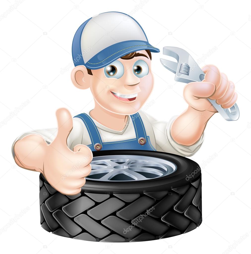 An illustration of a cartoon mechanic with spanner or wrench and tire (tyre) giving a thumbs up
