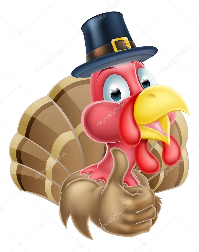 Cartoon thanksgiving turkey mascot giving a thumbs up and wearing a pilgrim or puritan hat