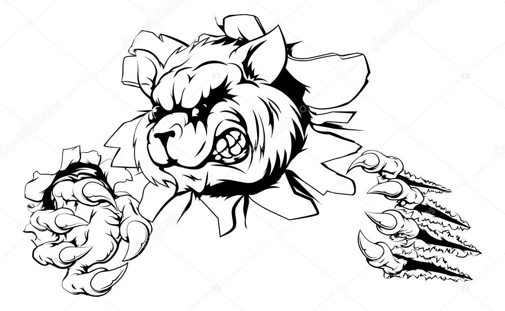 Cartoon fierce raccoon mascot animal character breaking through a wal