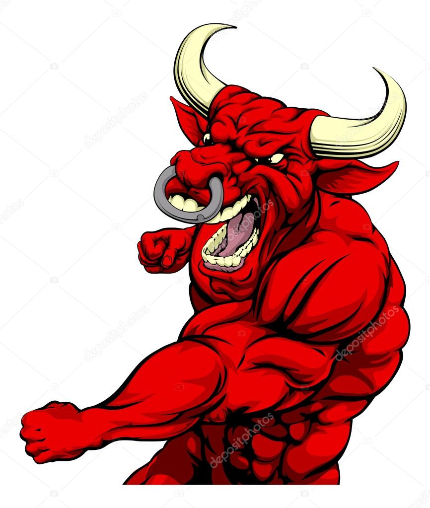 A tough muscular red bull character sports mascot attacking with a punch