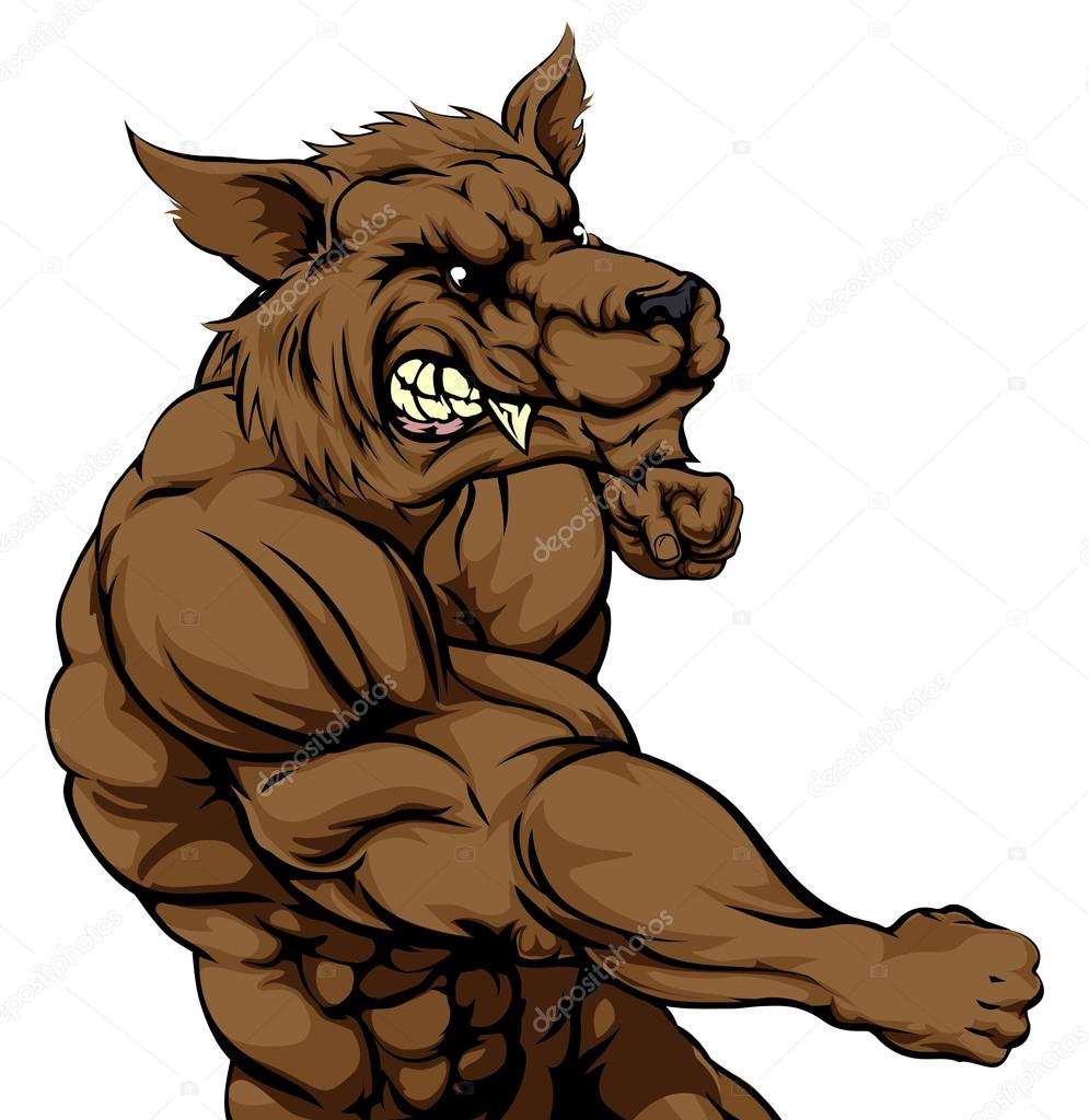 A mean looking werewolf or wolf character fighting and punching with fist