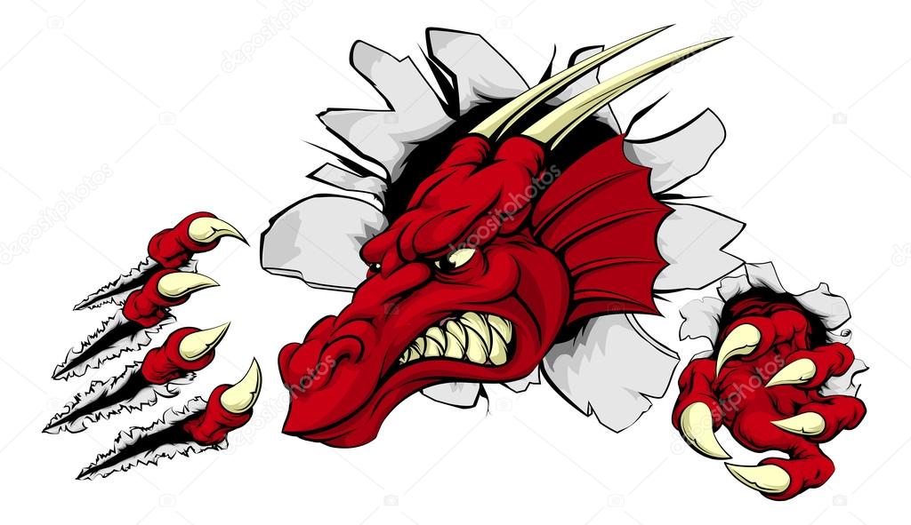 A scary red dragon mascot ripping through the background with sharp claws