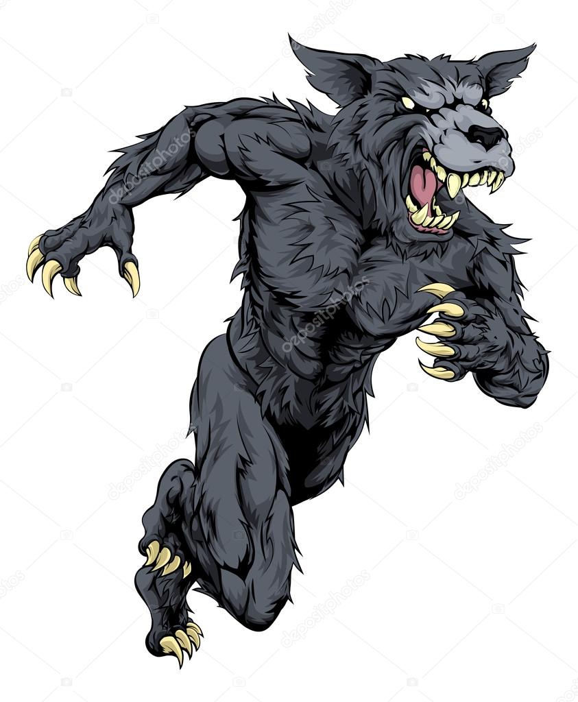 A charging running wolf or werewolf character, great as a sports or athletics mascot