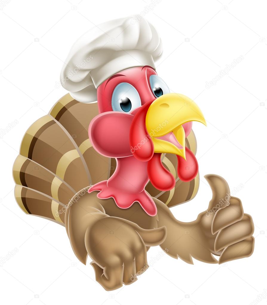Cartoon turkey chef giving a thumbs up and wearing chef hat