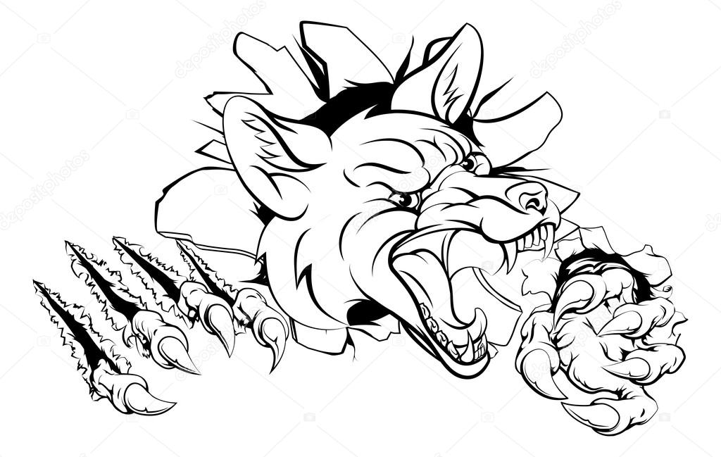 An illustration of a fox animal sports mascot cartoon character clawing through background