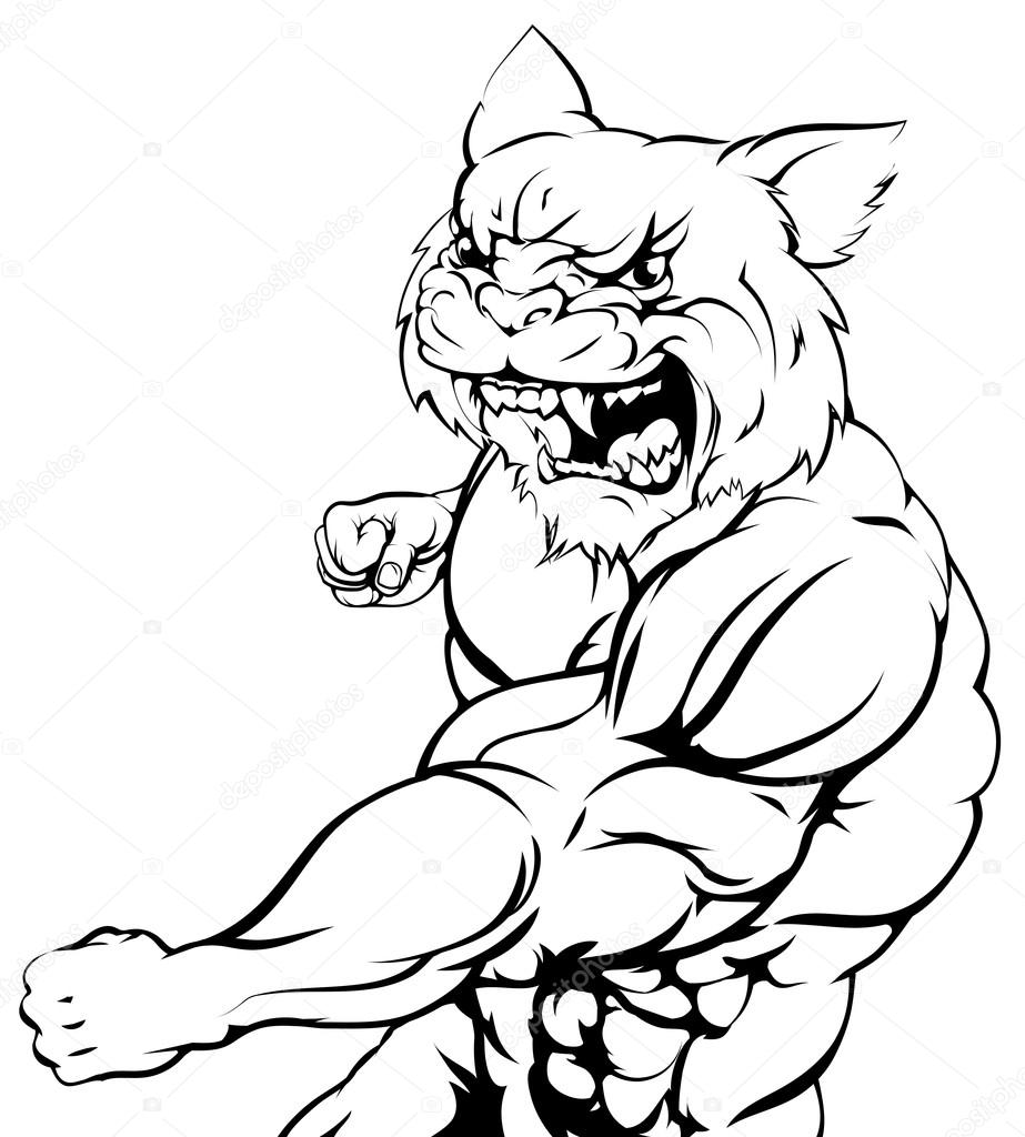 A tough muscular wildcat character sports mascot attacking with a punch