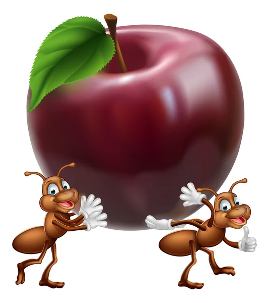 Formigas dos desenhos animados carregando maçã — Vetor de Stock