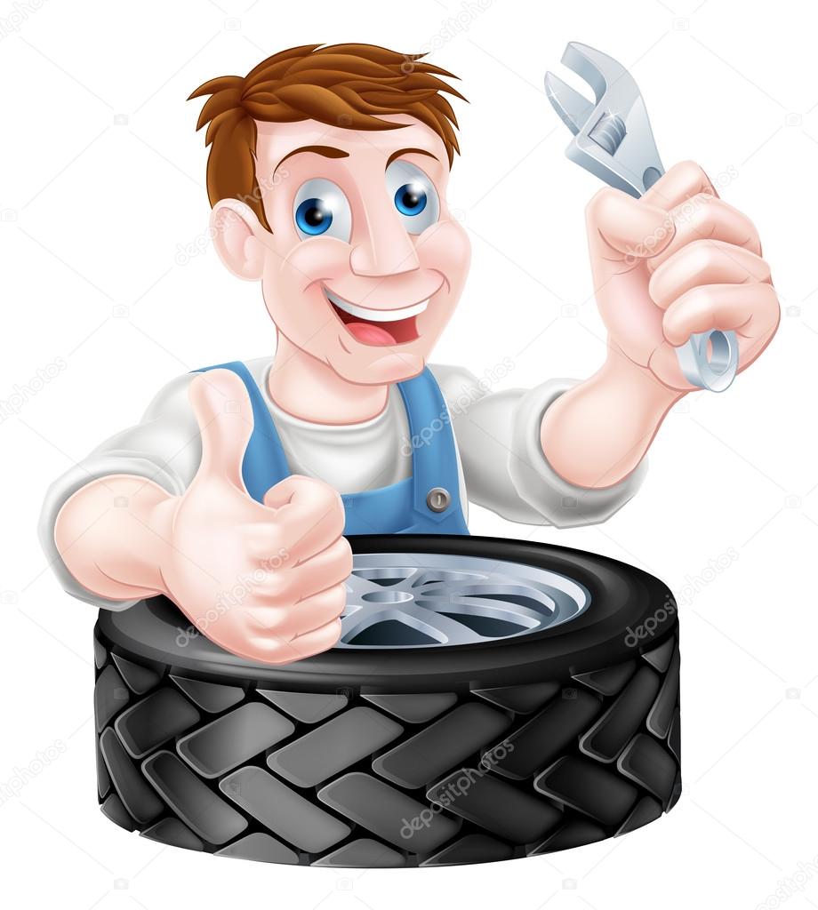Cartoon mechanic with car tire giving a thumbs up and holding a spanner or wrench