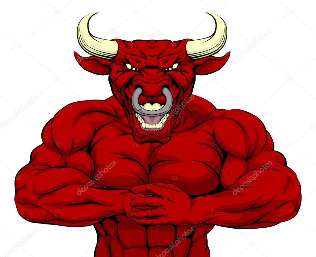 Red bull mascot character or sports mascot ready for a fight