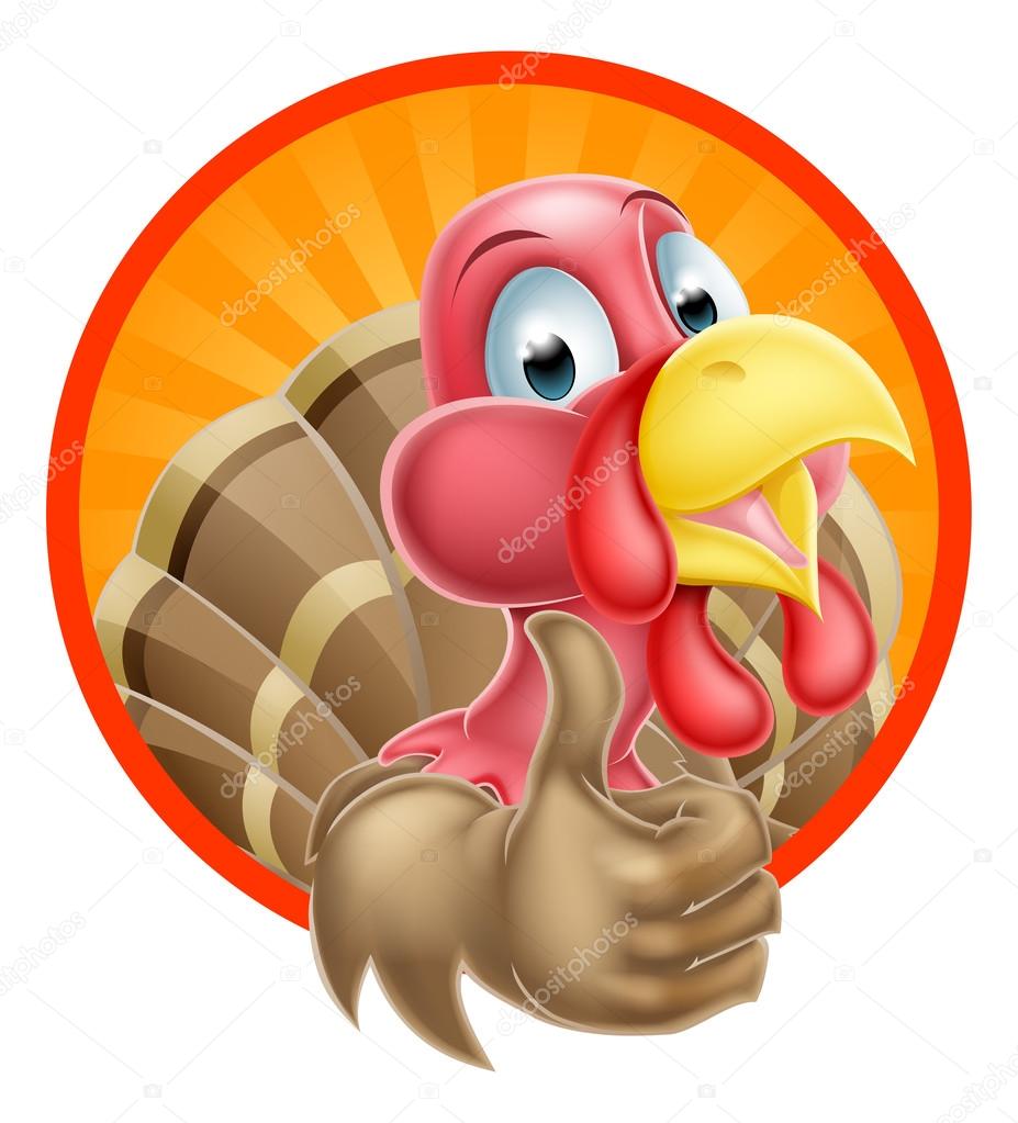 Cartoon turkey mascot giving a thumbs up design in a circle
