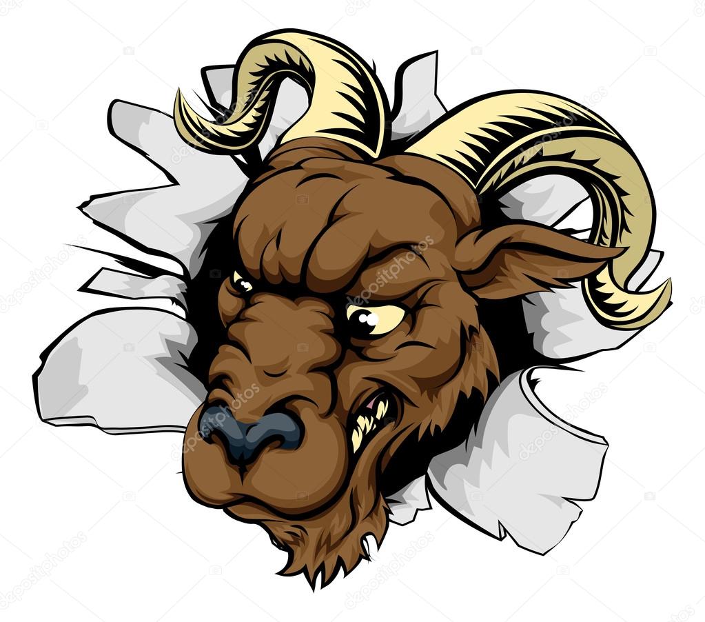 A ram animal sports mascot breaking through a wall